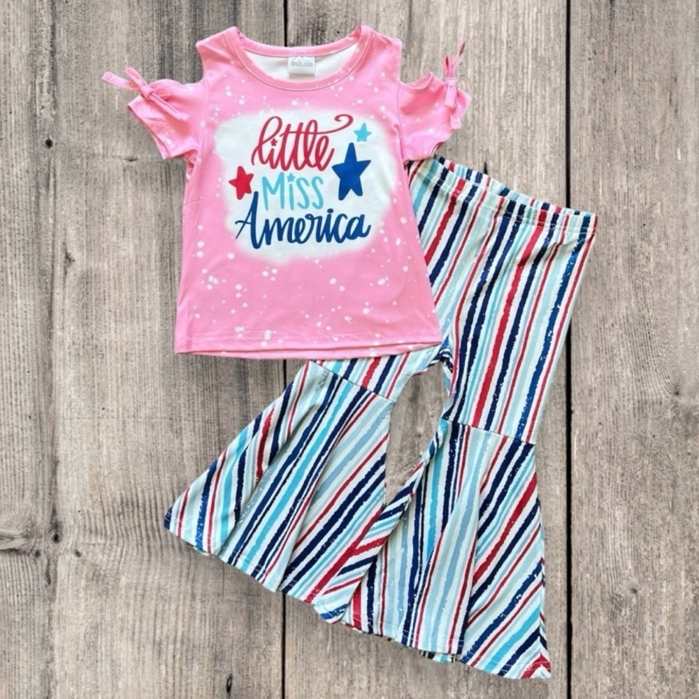 New Boutique Girls “Little Miss America” Cold Shoulder Two Piece Flare Pant Set.